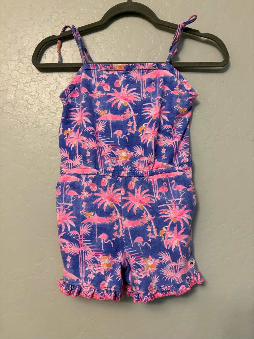 Vineyard vines blue pink orange flamingo palm tree monkey girls romper sz small